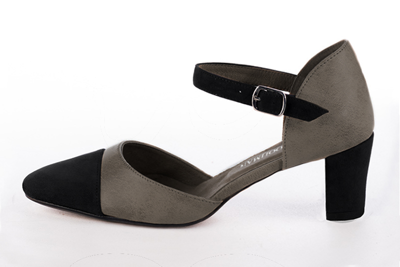 Matt black and ash grey women's open side shoes, with an instep strap. Round toe. Medium block heels. Profile view - Florence KOOIJMAN